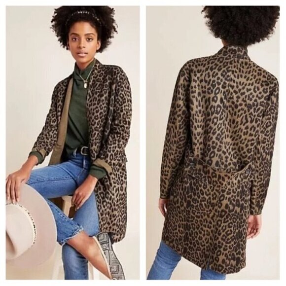 Anthropologie Faux Suede Jacket Trench Coat Green Black Leopard Print Small - Picture 1 of 11